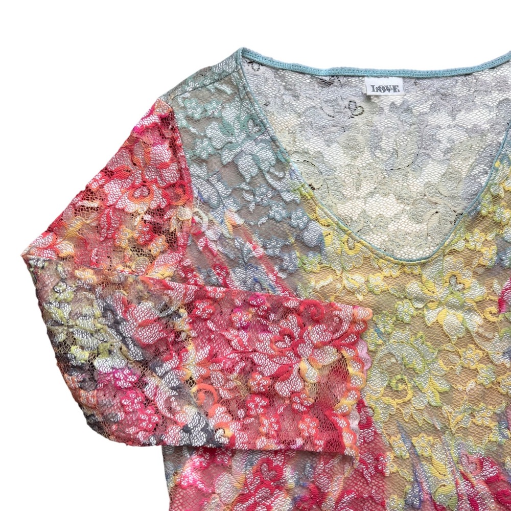 LOVE AMOUR Mesh Lace Sheer 3/4 Length Print Vneck‎ Top Small